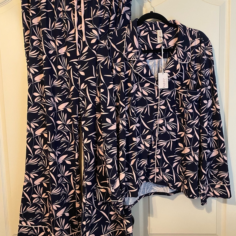 Bare Necessities Navy and Pink Leaf Pajama Set